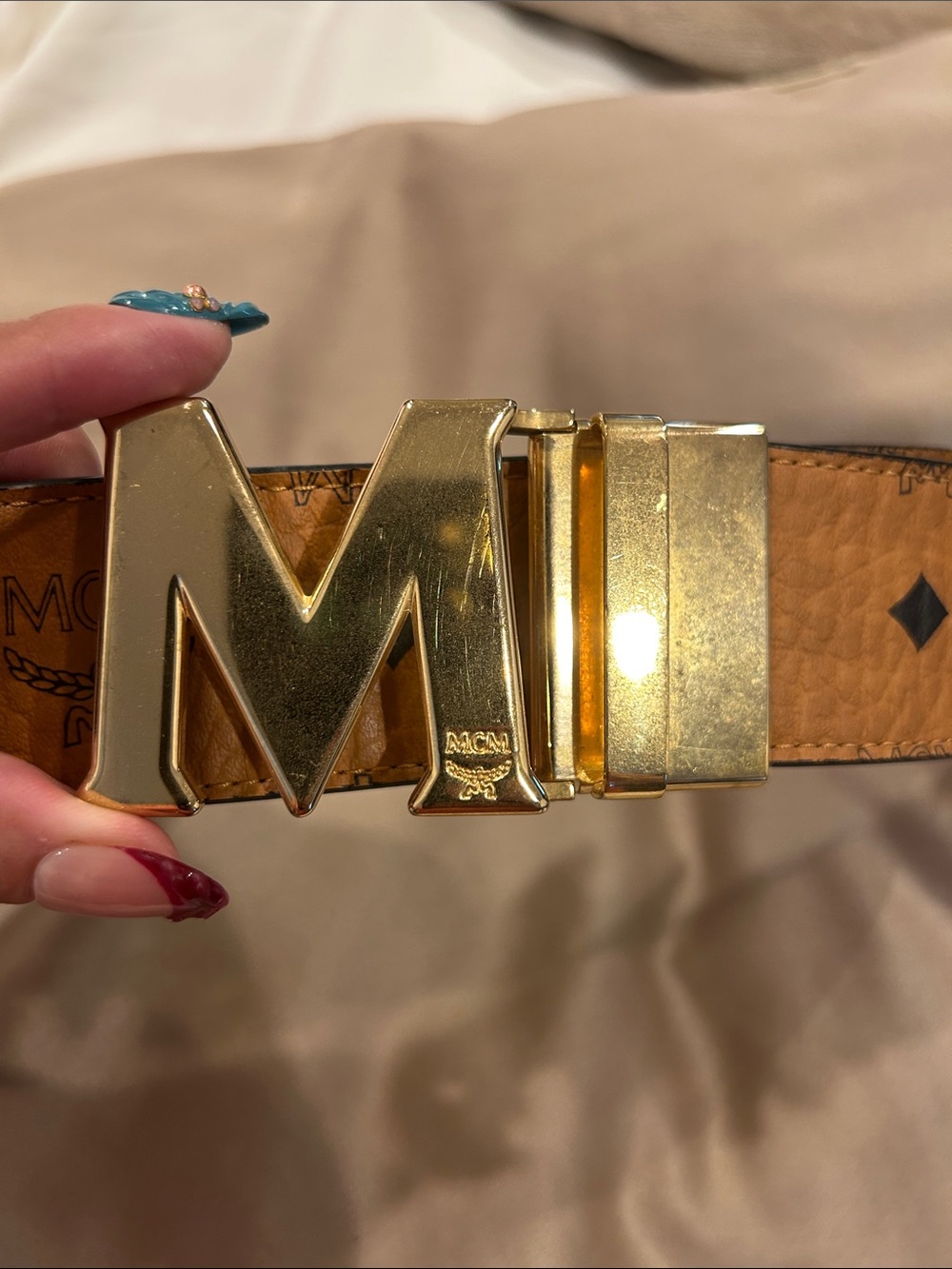 MCM Tan Cognac Logo 'M' Buckle Belt with Gold Hardware